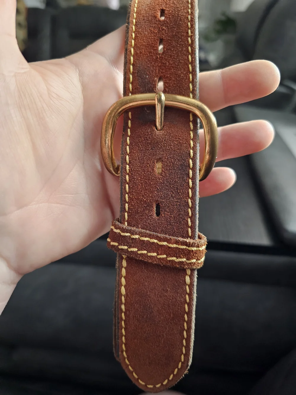 Vintage 1970s JCPenney Genuine Split Cowhide Brown Leather Belt Brass Buckle
